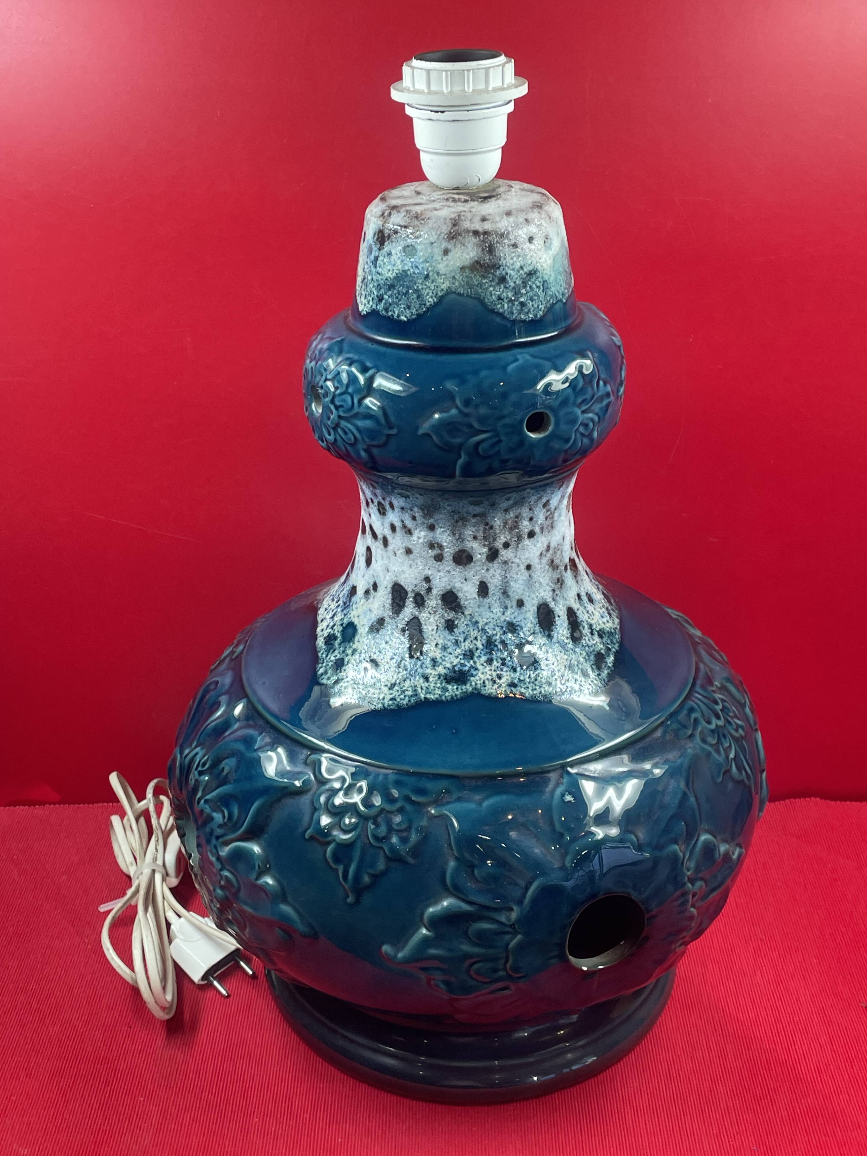 Vintage 60's table or floor lamp base in blue glazed ceramic