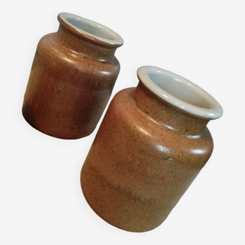 Duo de pots en grès marron irisé, anciens pots à moutarde