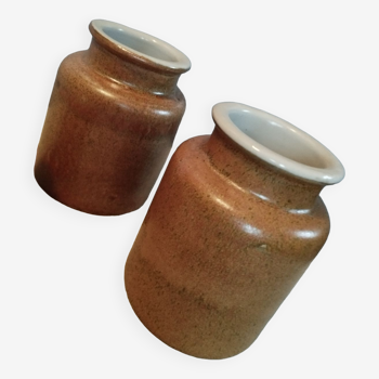 Duo of iridescent brown stoneware pots, old mustard pots