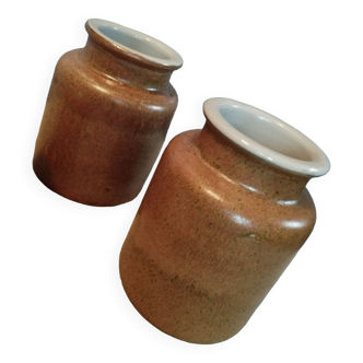 Duo of iridescent brown stoneware pots, old mustard pots