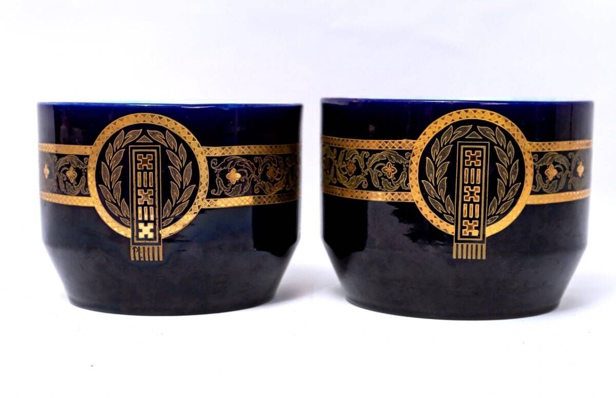 Pair of caches pots Sarreguemines - blues of Longwy - golden geometric decorations - XIXth
