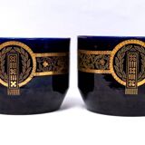 Pair of caches pots Sarreguemines - blues of Longwy - golden geometric decorations - XIXth