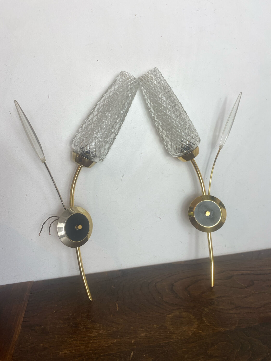 Pair of retro wall lights, brass and glass