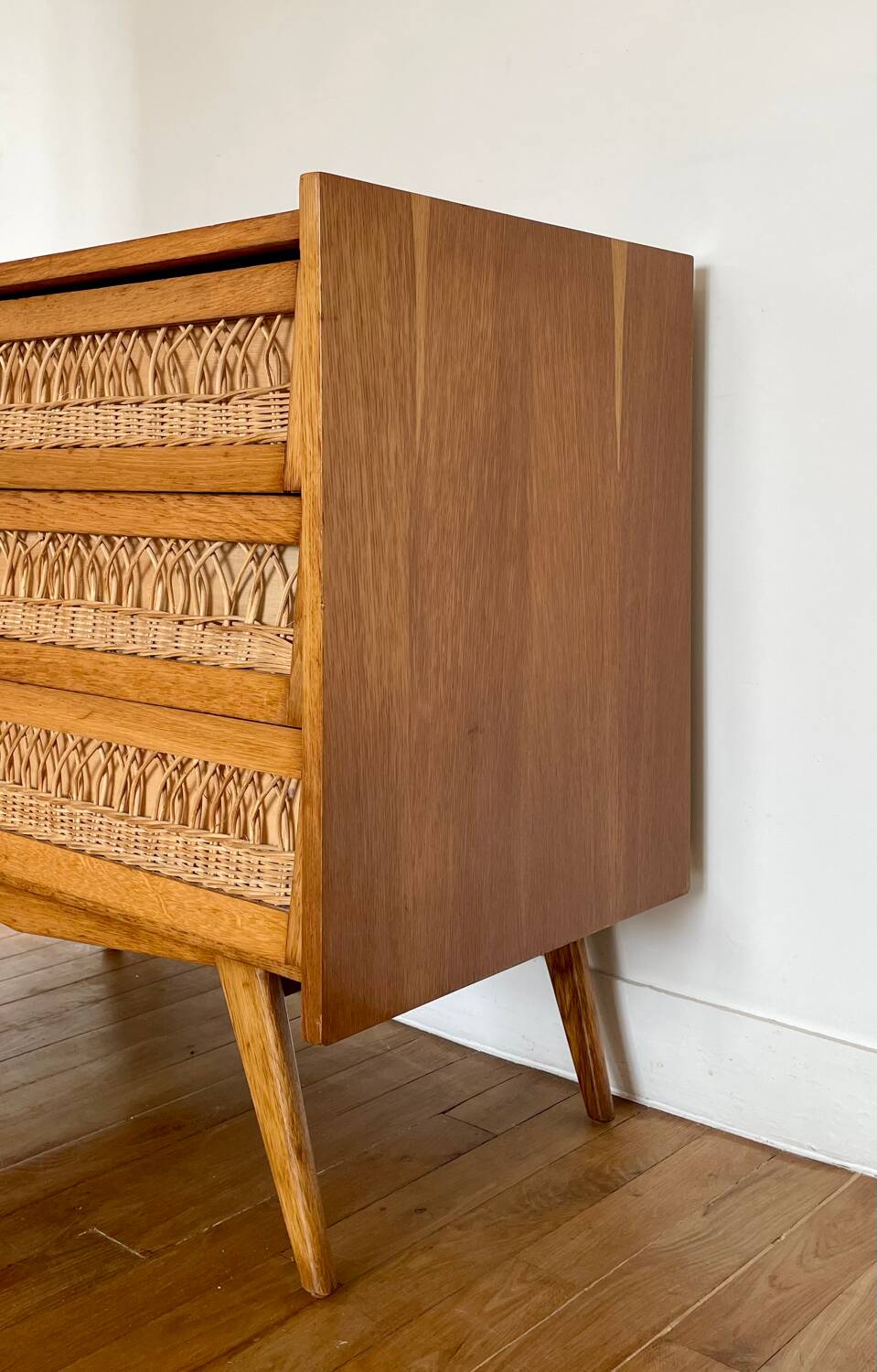 Vintage wooden and rattan chest of drawers