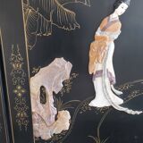 Chinese screen in black lacquer and marble stone