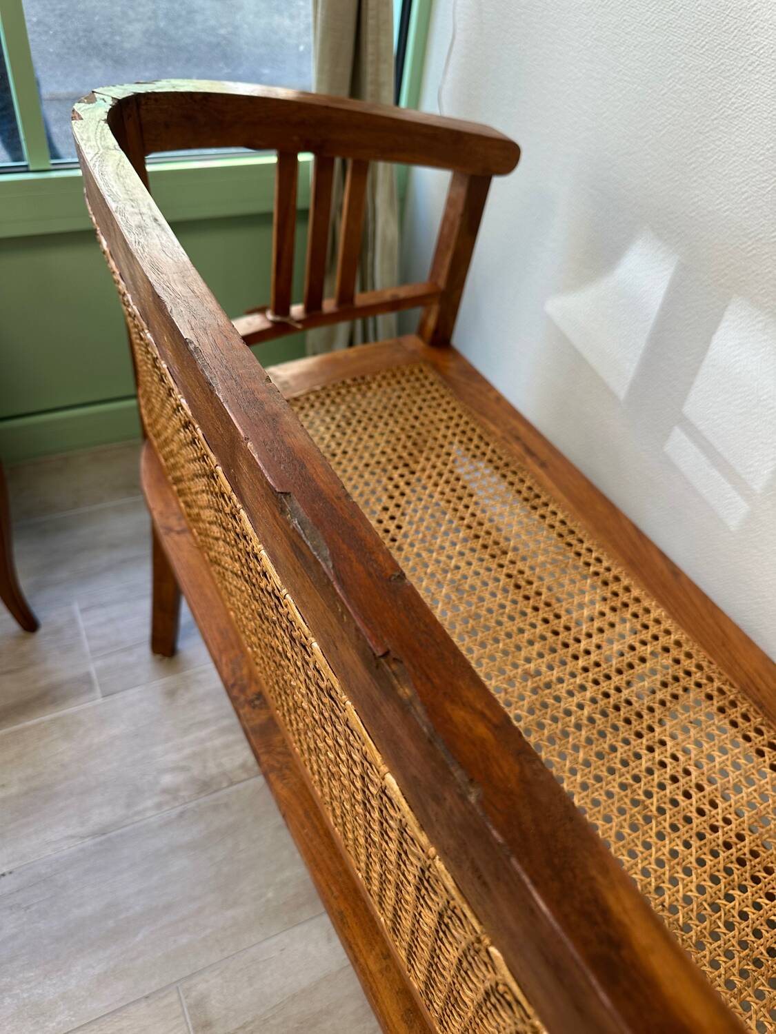 Art Deco wooden and cane bench