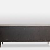Sideboard in wenge, raffia and lacquered metal. 1970s.