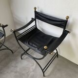 Pair of leather “curule” emperor armchairs