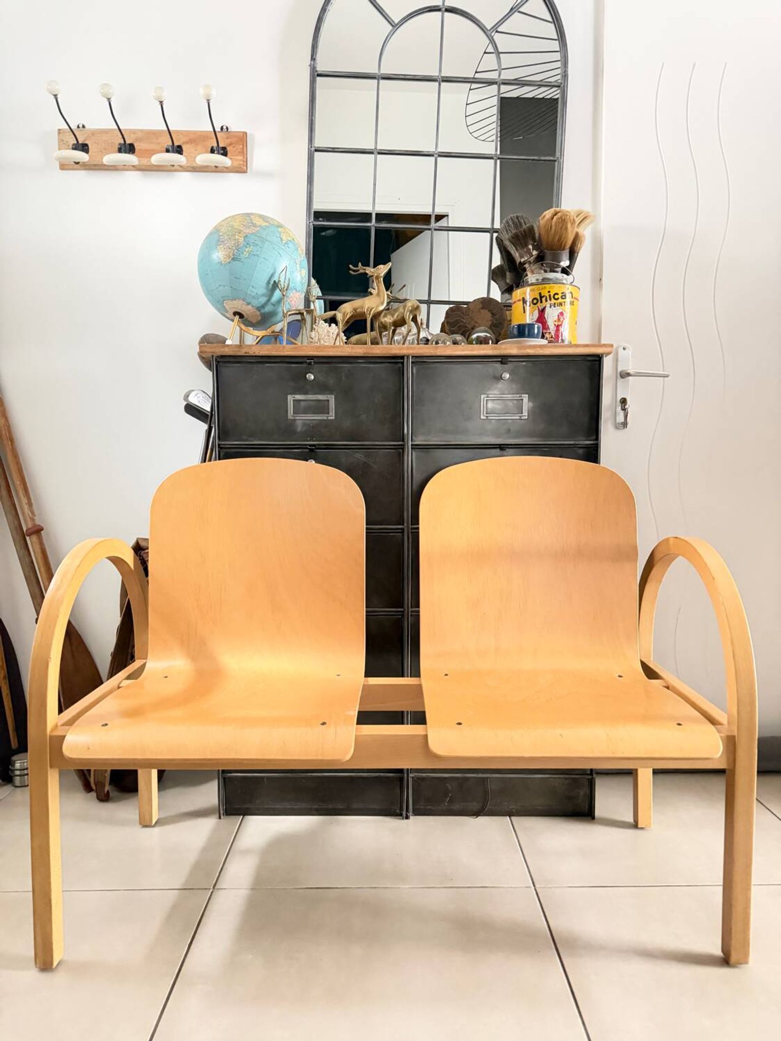 Vintage blonde wood two-seater bench by Baumann