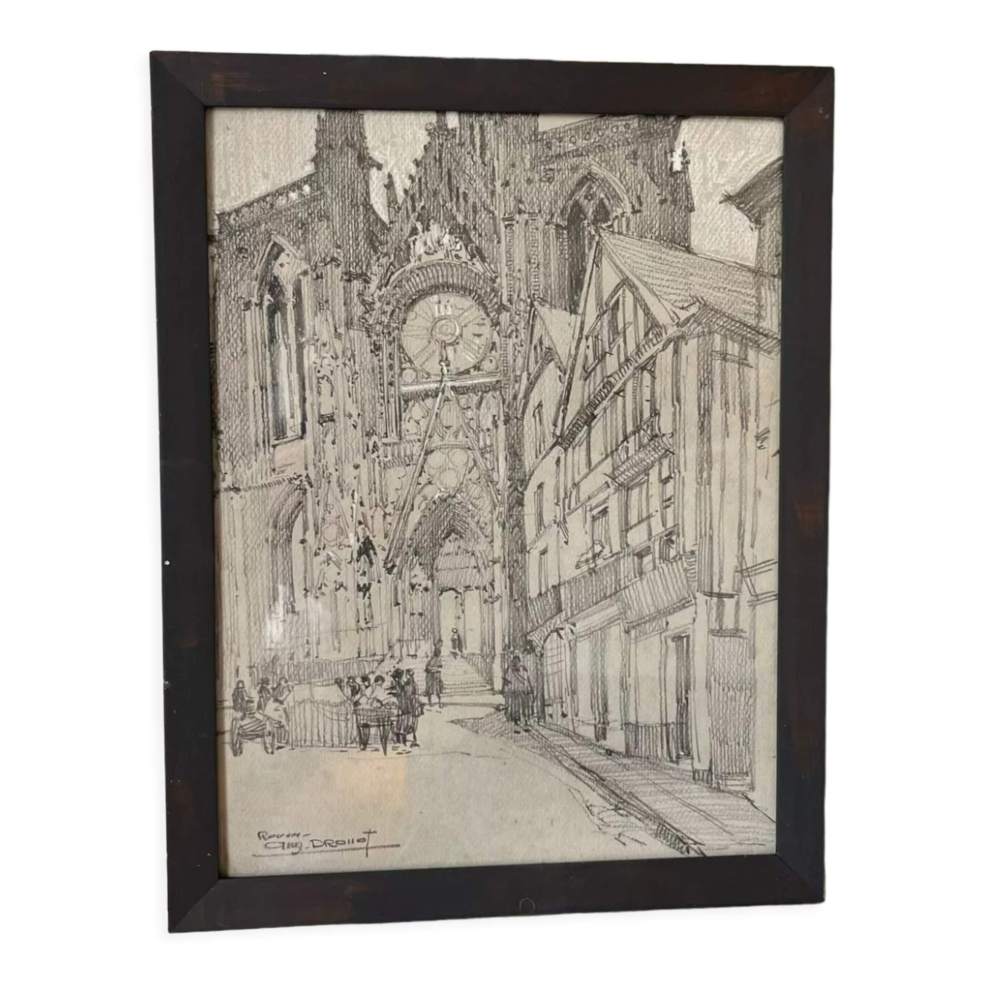 Original drawing of Rouen Cathedral in pencil by Auguste Drouot