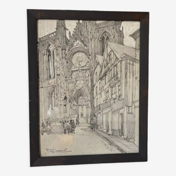 Original drawing of Rouen Cathedral in pencil by Auguste Drouot