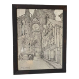 Original drawing of Rouen Cathedral in pencil by Auguste Drouot