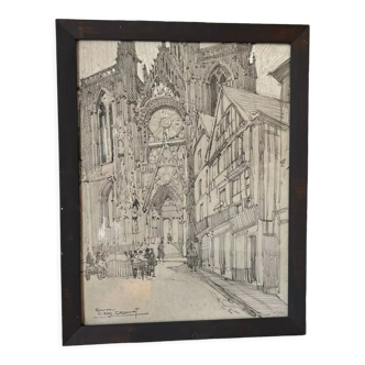 Original drawing of Rouen Cathedral in pencil by Auguste Drouot