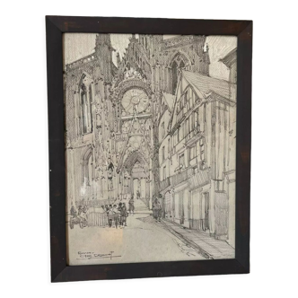 Dessin original de la cathédrale de Rouen à la mine de crayon par Auguste Drouot