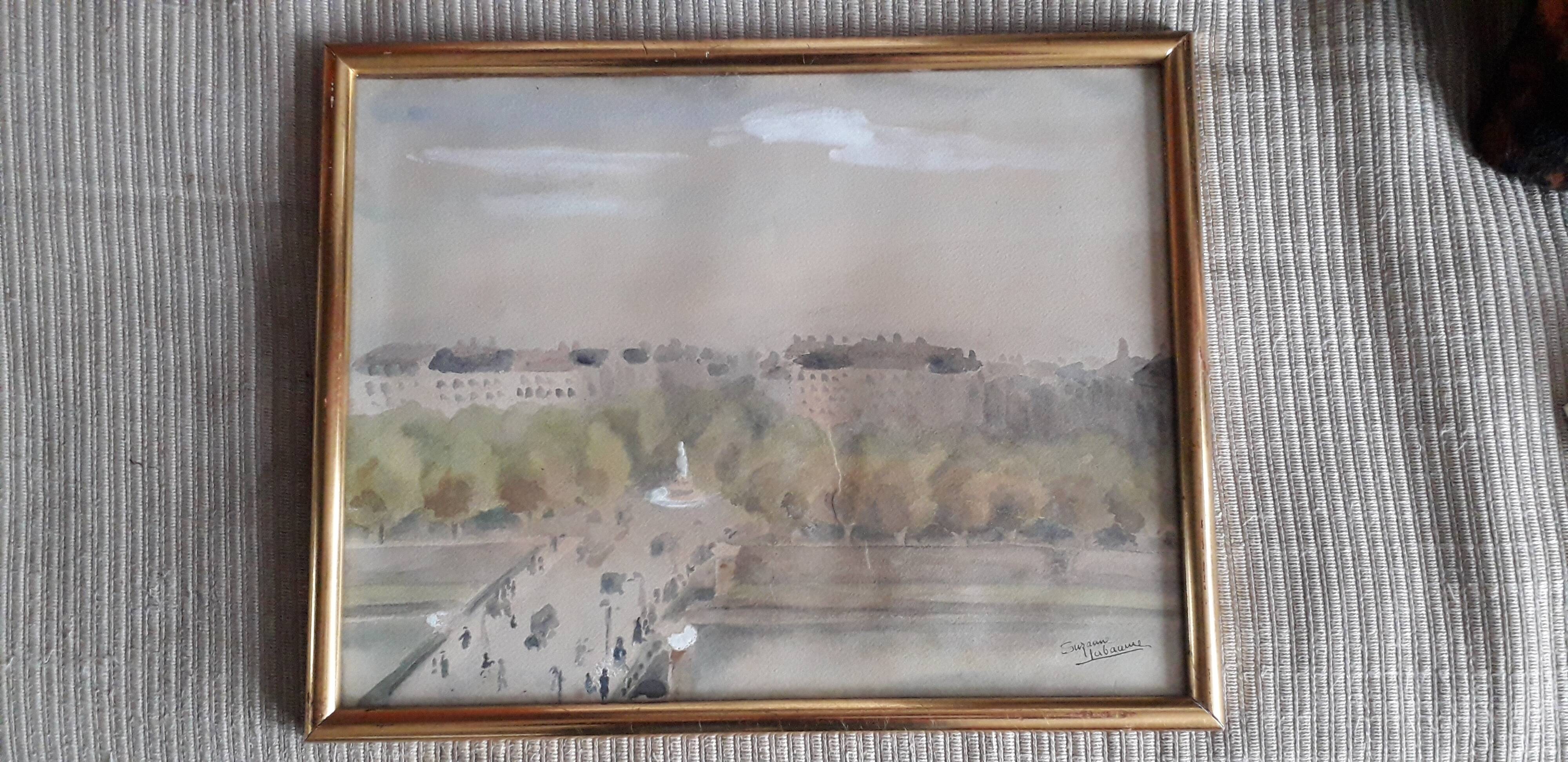 Old painting representing a Paris bridge