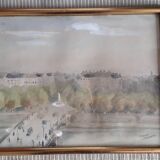 Old painting representing a Paris bridge