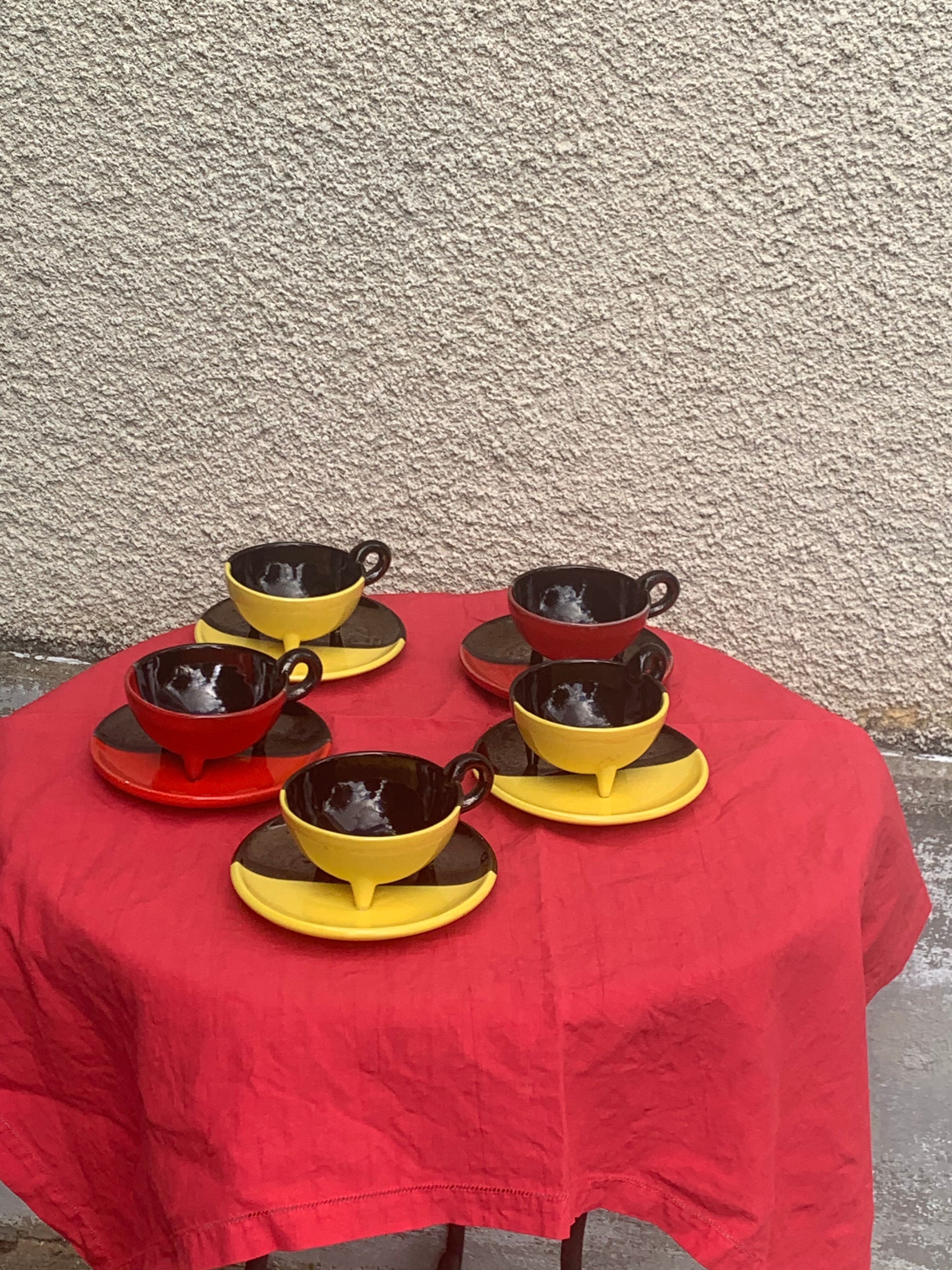 5 cups and 5 saucers signed Luc vallauris vintage