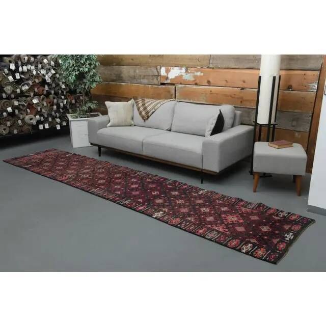 1970s Vintage Turkish Handmade Wool & Cotton Pink Runner Rug 84x392