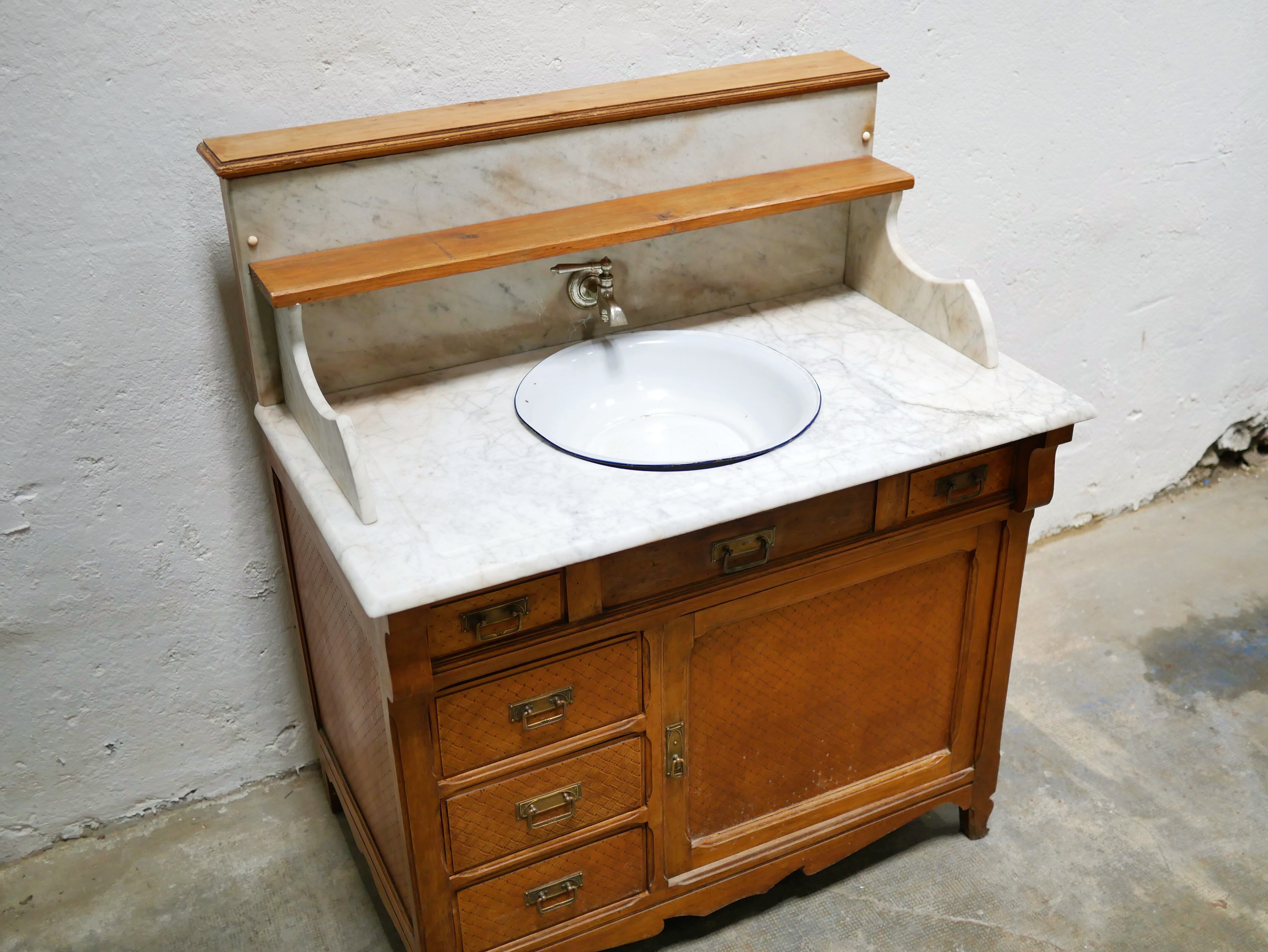 Antique washbasin cabinet in marble and wood