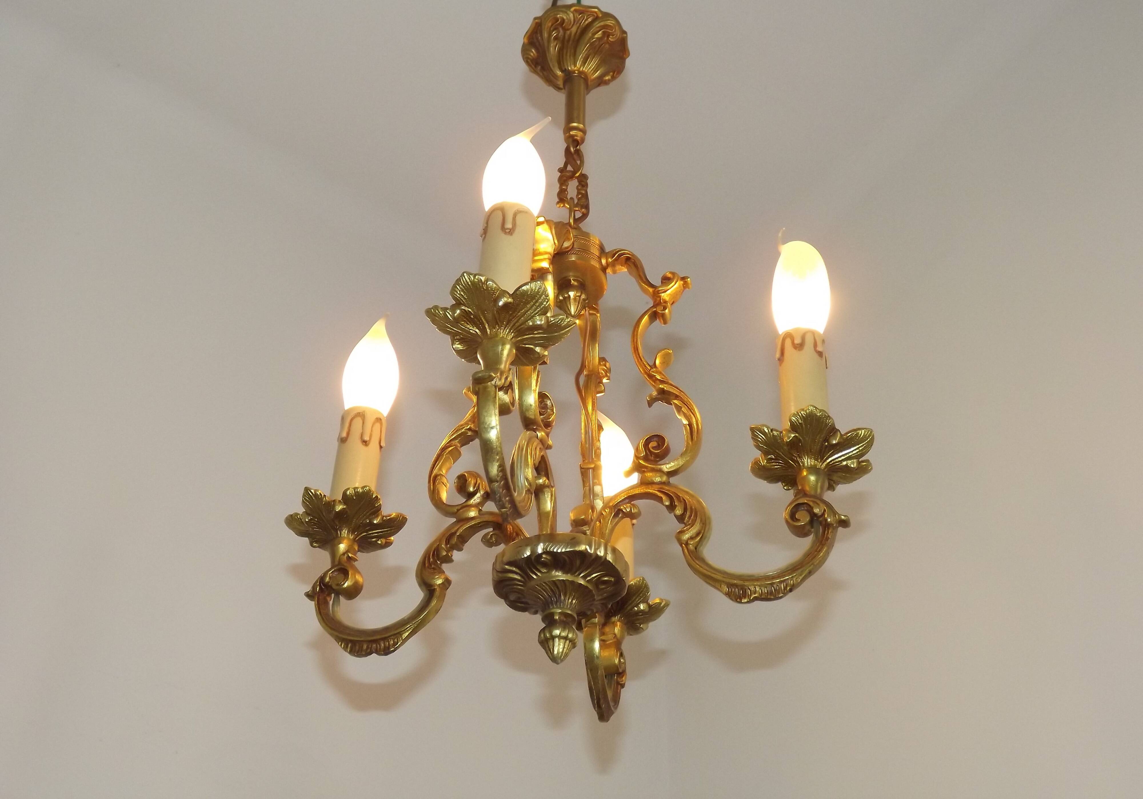 French Vintage Bronze Art Nouveau Style 4 Light 4 Sided Cage Chandelier