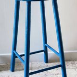 Vintage wooden stool with electric blue paint