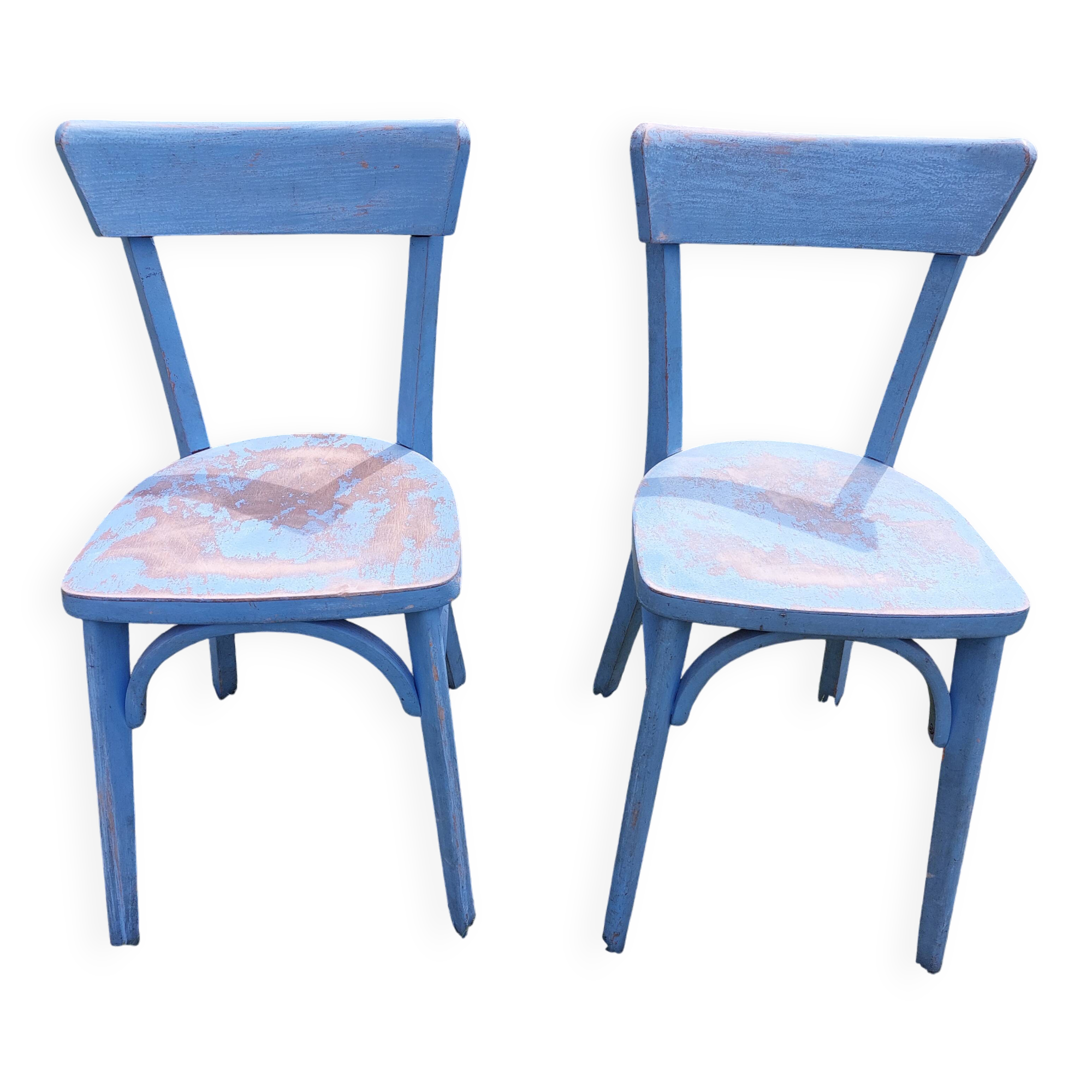 pair of chippy blue paint bistro chairs