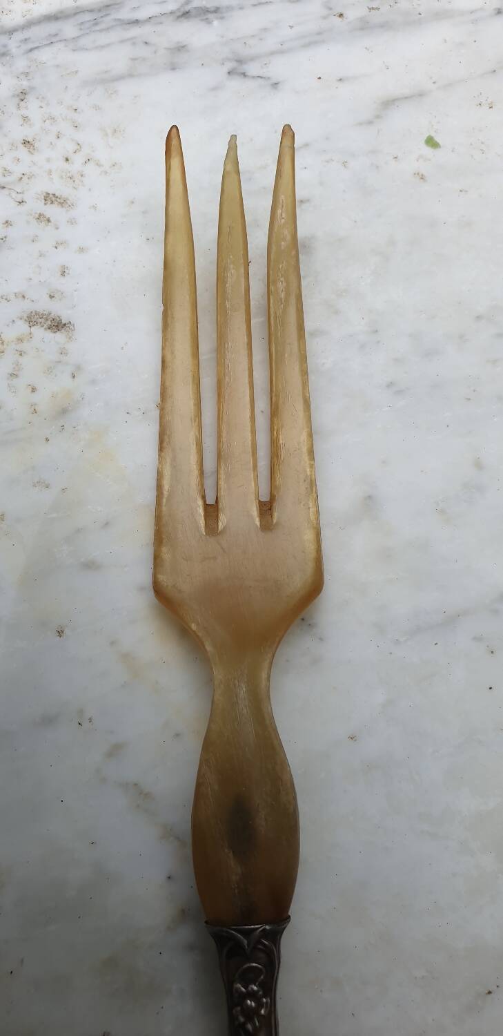 Art Nouveau salad servers in horn and silver metal