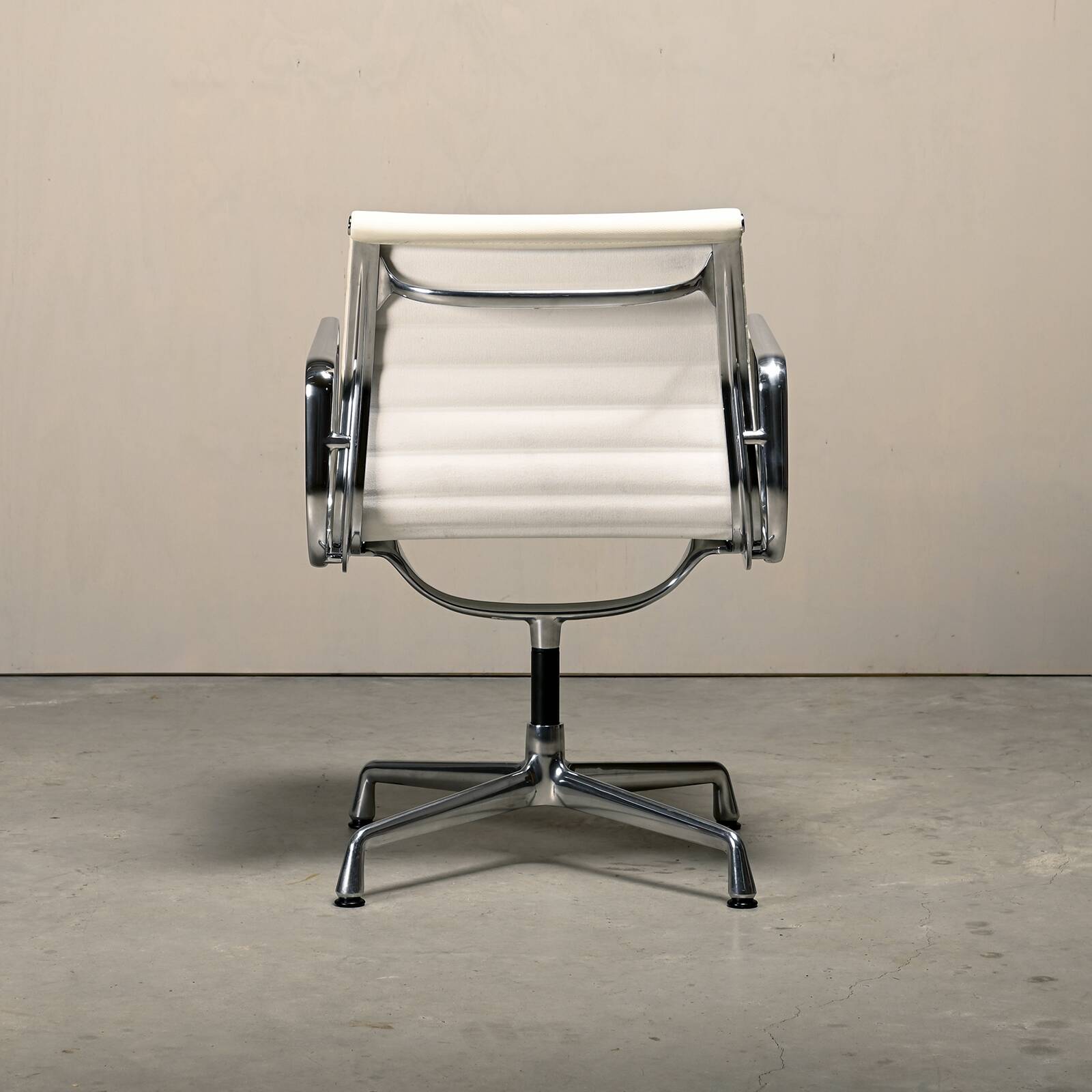 Charles & Ray Eames EA108 Dining Chair in Polished Aluminum and White leath