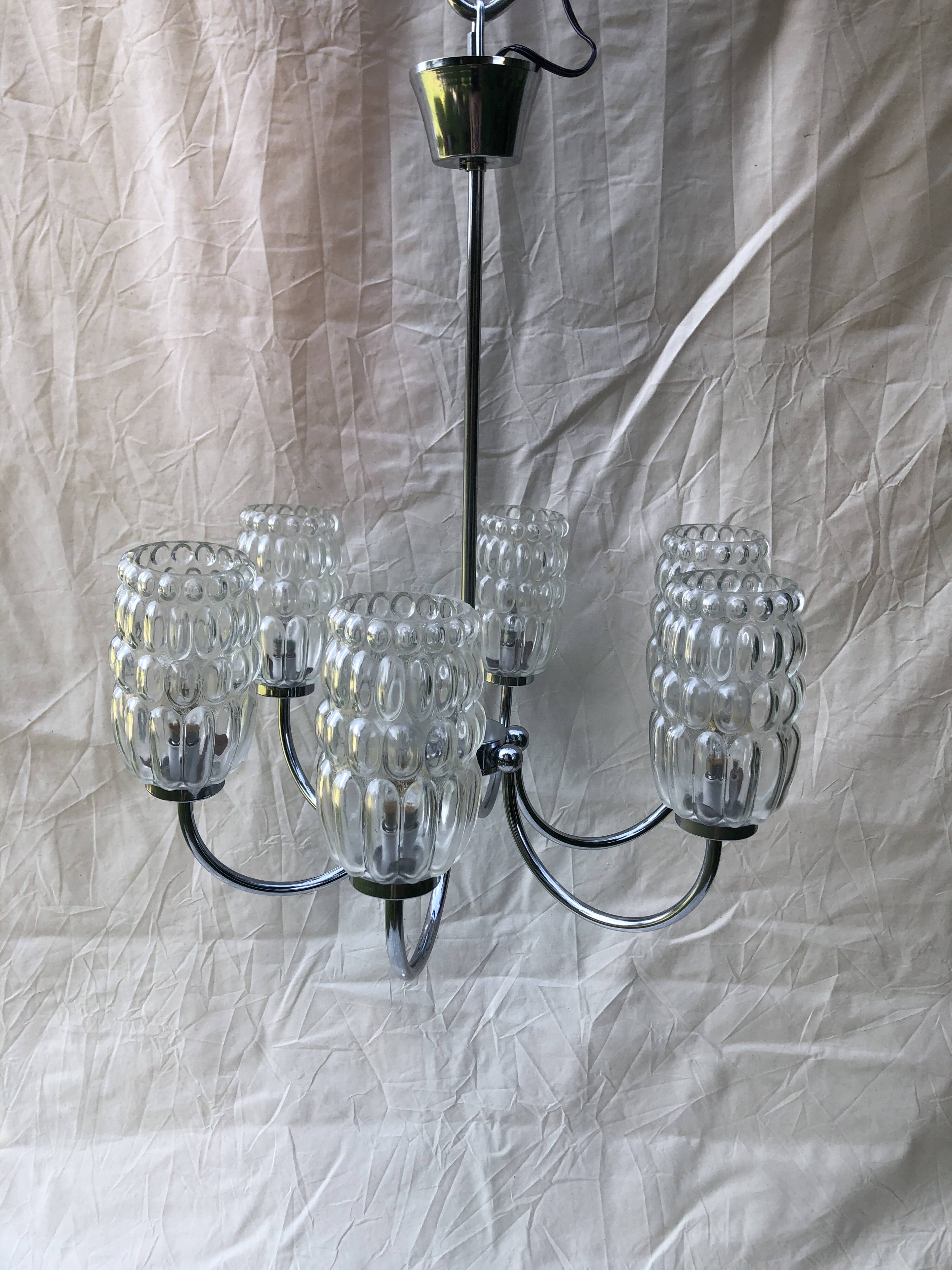 6-branched chrome chandelier & glass lampshades