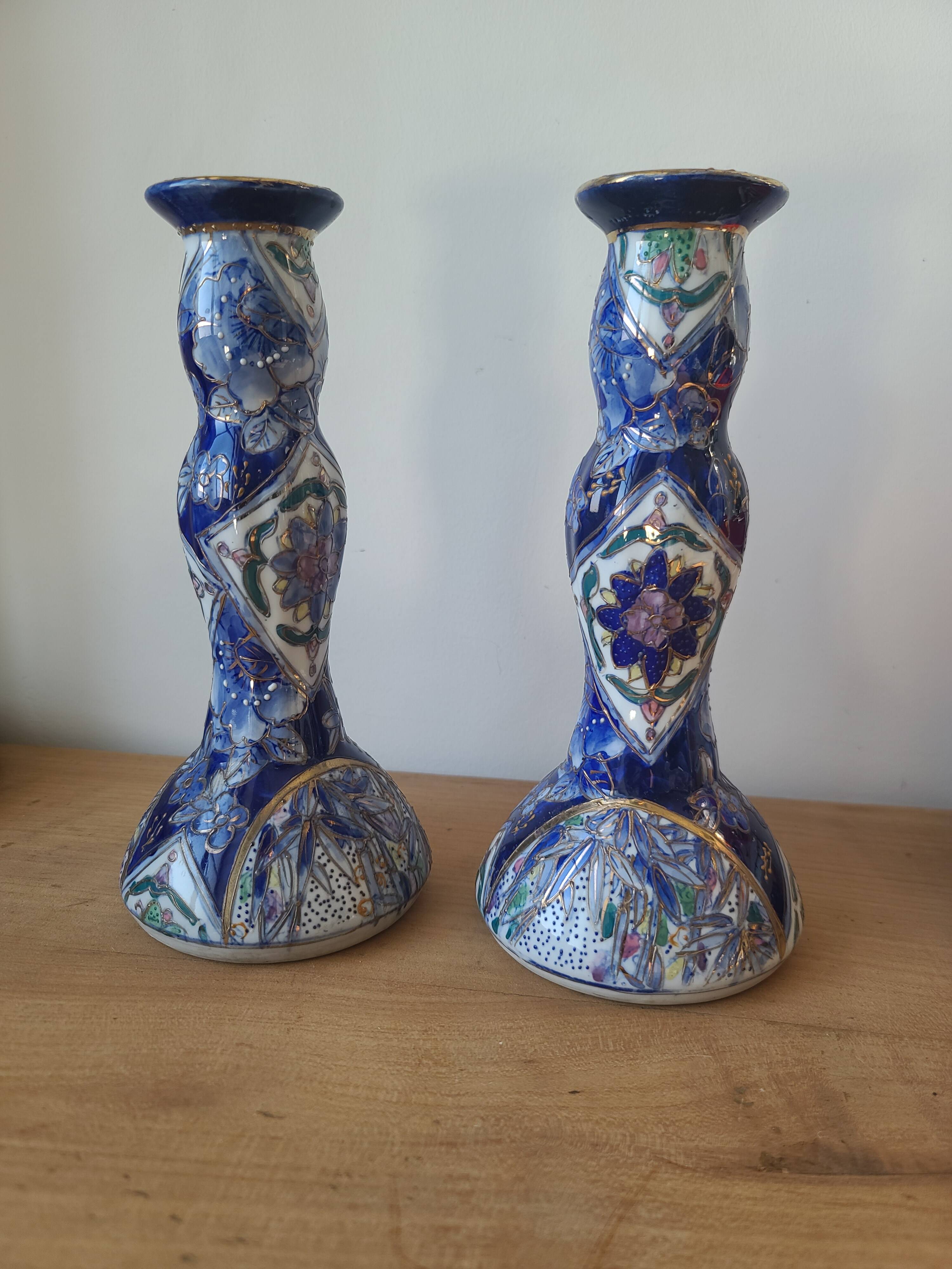Vintage-style blue and gold floral ceramic candlesticks CHMR
