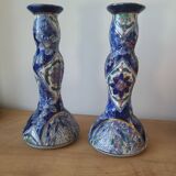Vintage-style blue and gold floral ceramic candlesticks CHMR