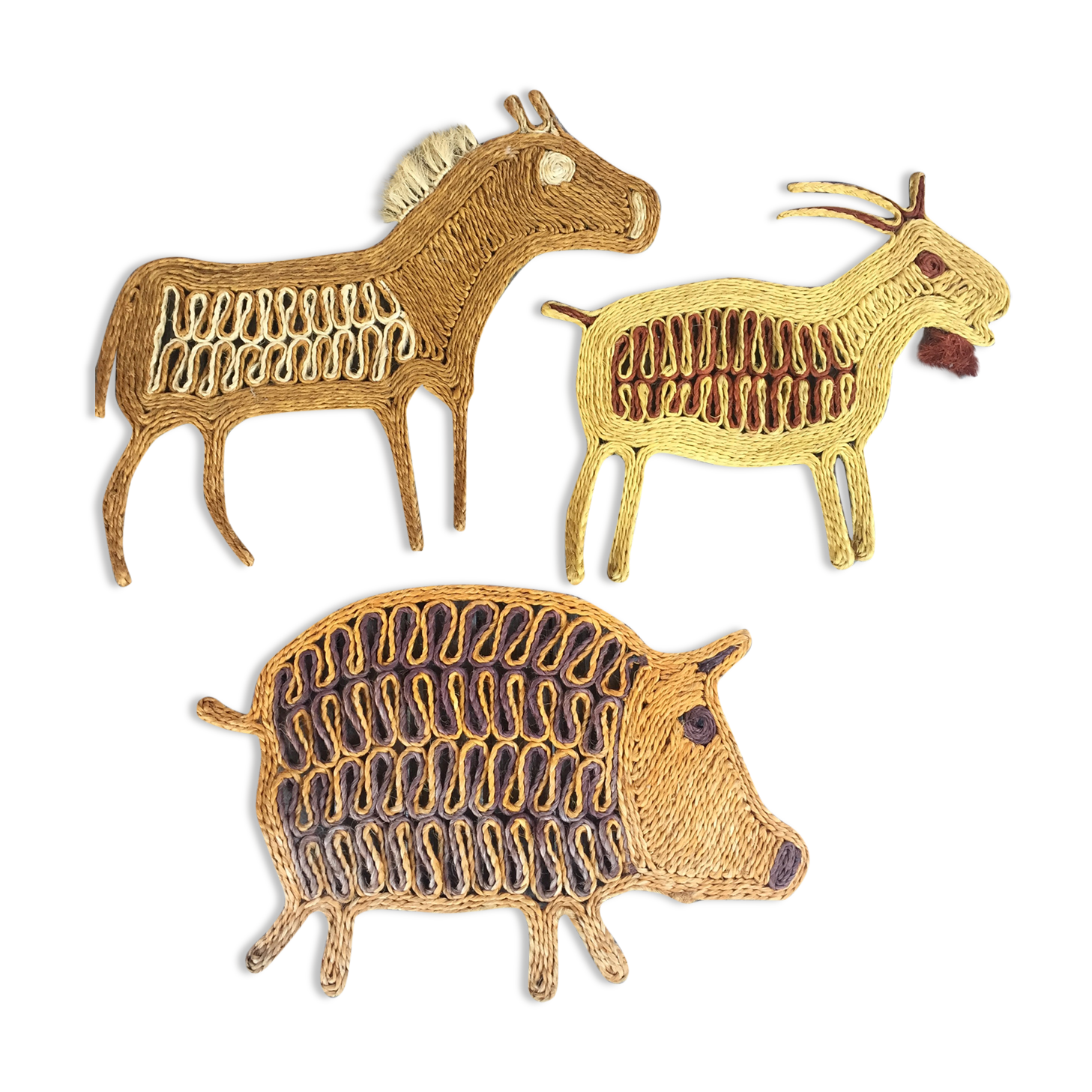 Trio of vintage rope animals table mats