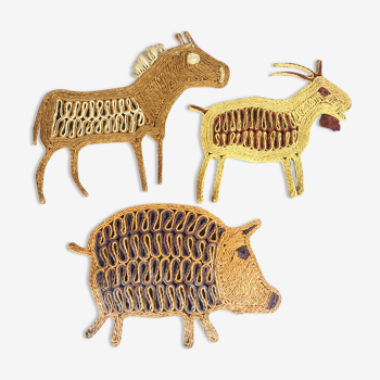 Trio of vintage rope animals table mats