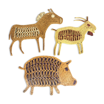 Trio of vintage rope animals table mats