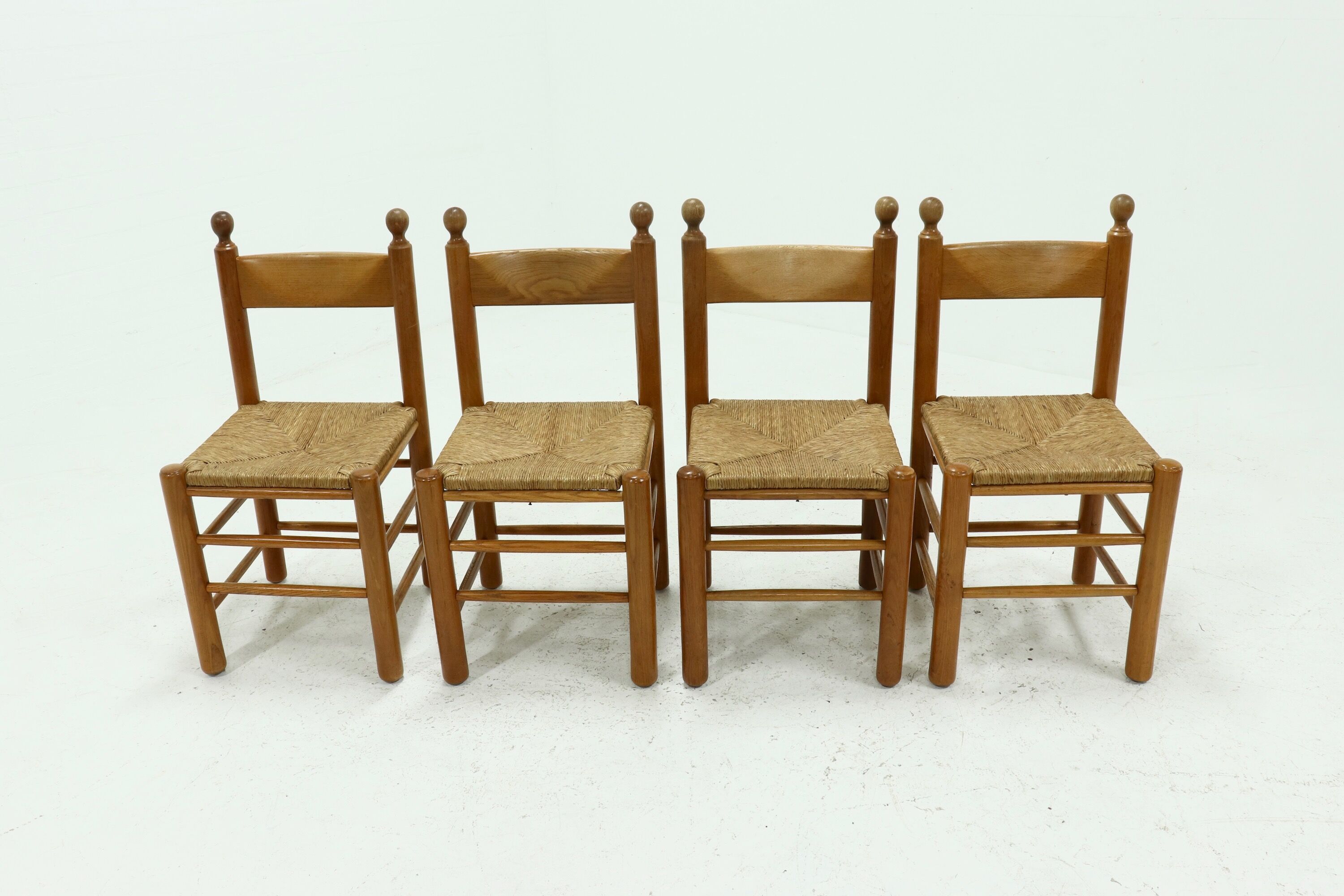 Set of 4 solid oak & rush brutalist dining chairs 1960s