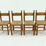Set of 4 solid oak & rush brutalist dining chairs 1960s
