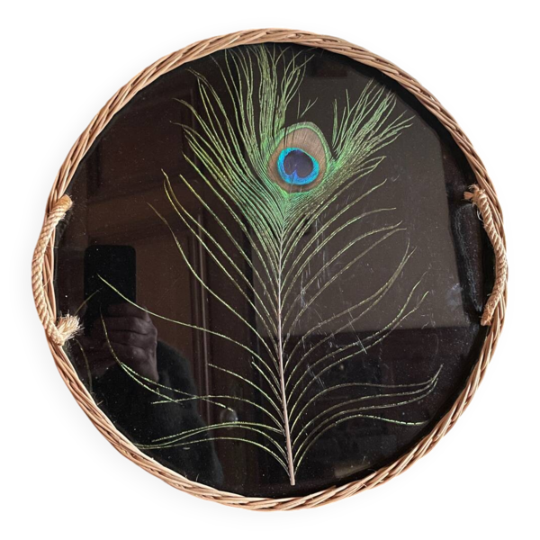 Plateau en rotin vintage plume de paon