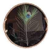 Vintage rattan tray with peacock feather