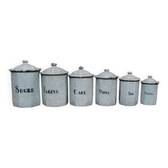 Series of 6 enamelled sheet metal spice jars