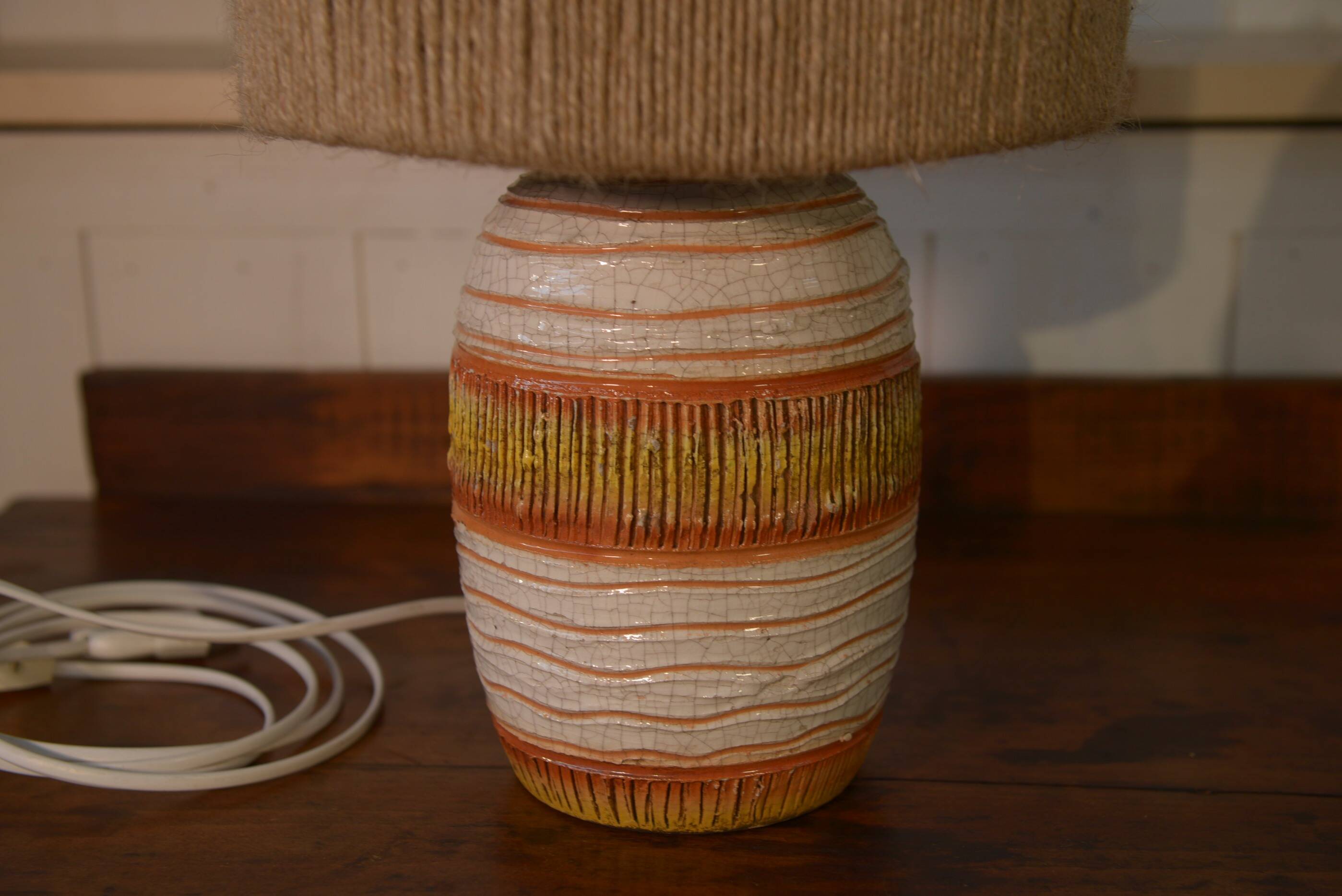 Ceramic lamp with linen shade, 1950s - 1960s