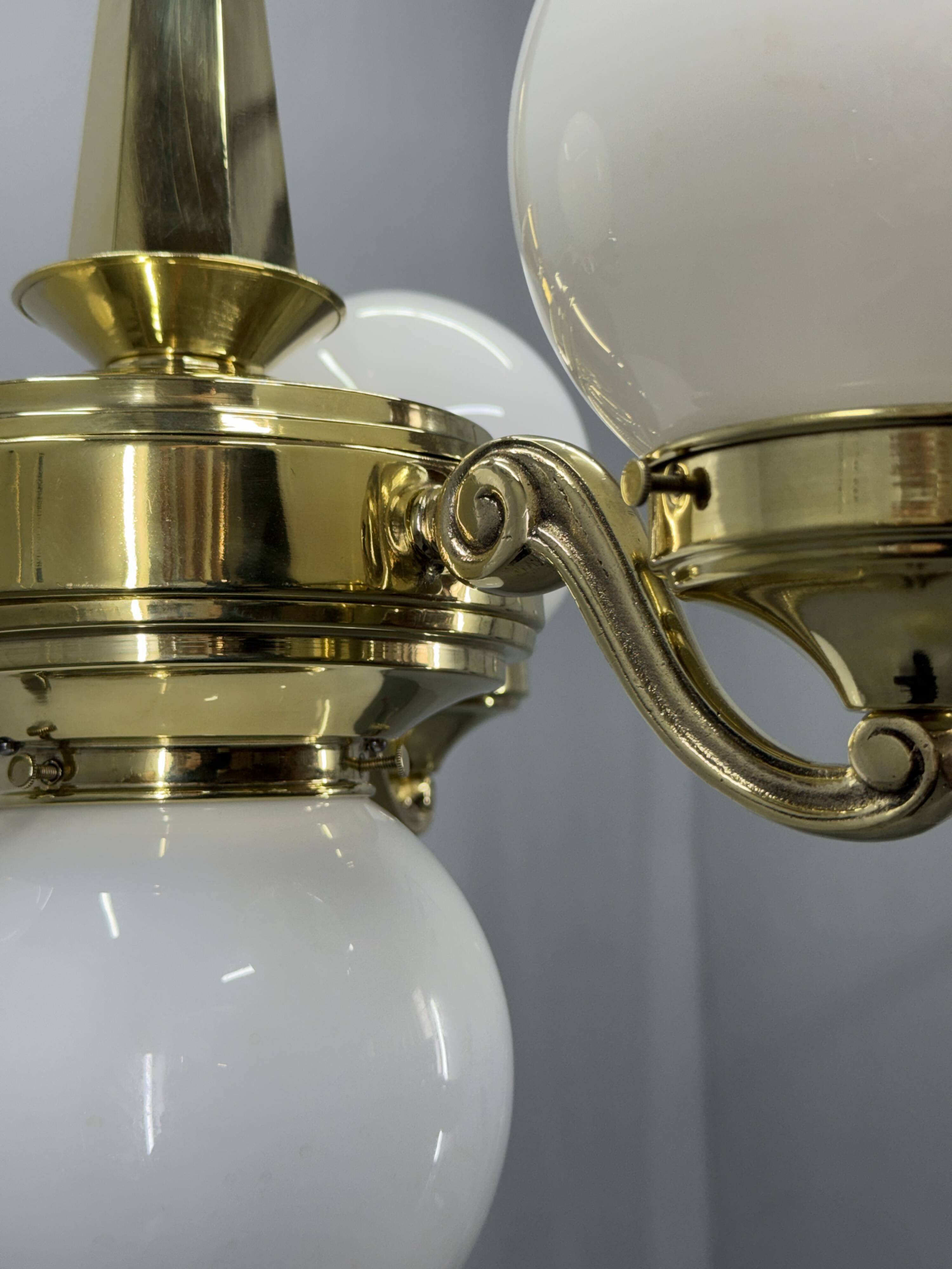 Art Deco Brass and Opaline Glass Chandelier, 1930s