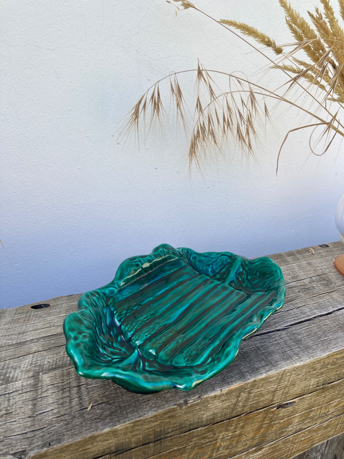 Vallauris dish in vintage asparagus green ceramic slip