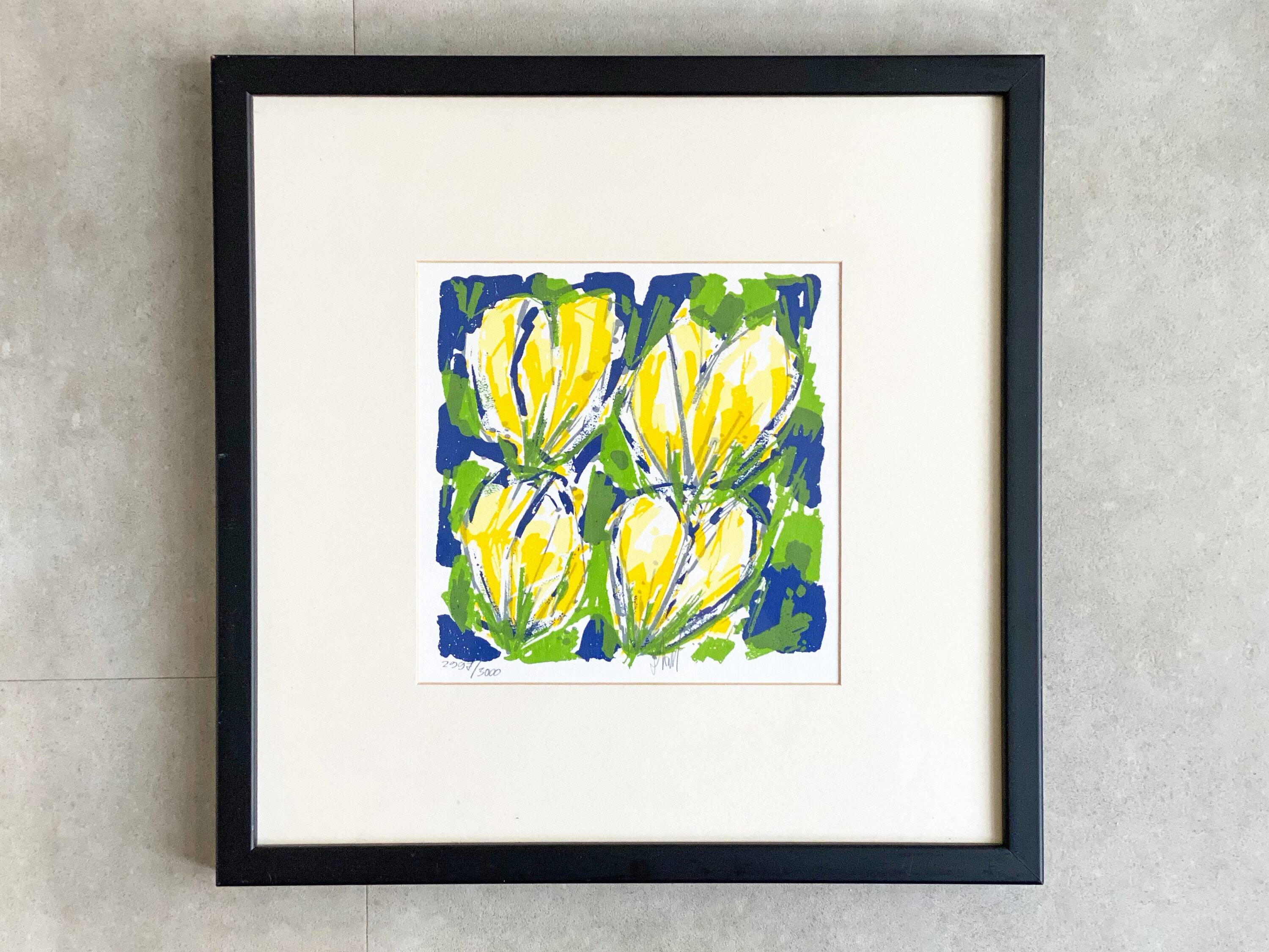Cheerful silkscreen "yellow tulips" by Ad van Hassel, Dutch art