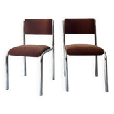 Paire de chaise chrome et velours ras marron chataigne, design 1970