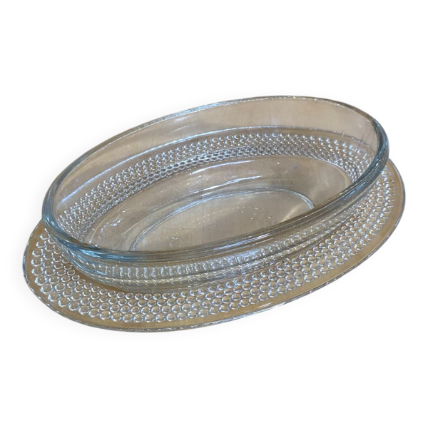 Beurrier ancien en verre moulé décor frise perlée, France
