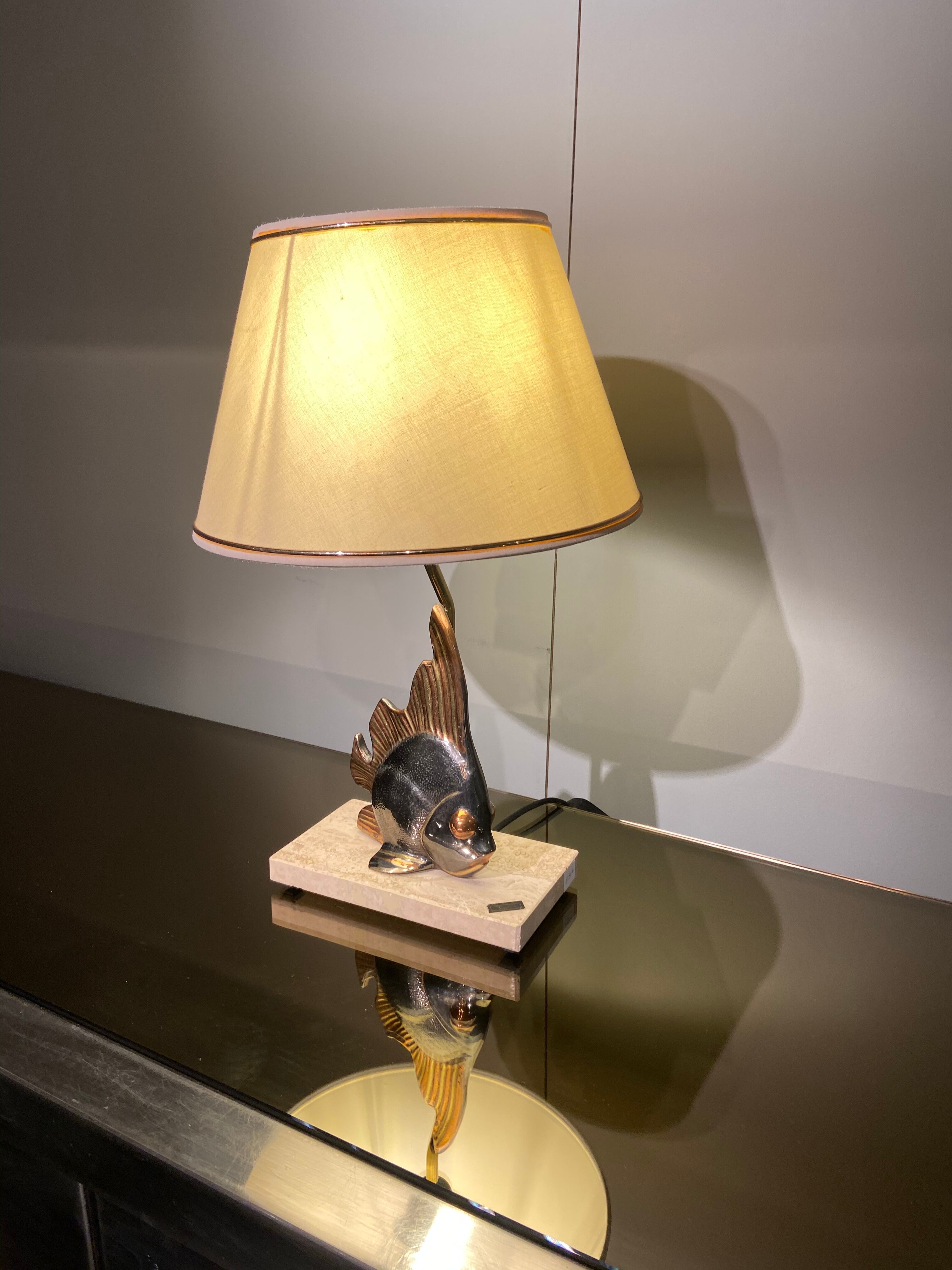 Vintage fish lamp in gold and copper metal