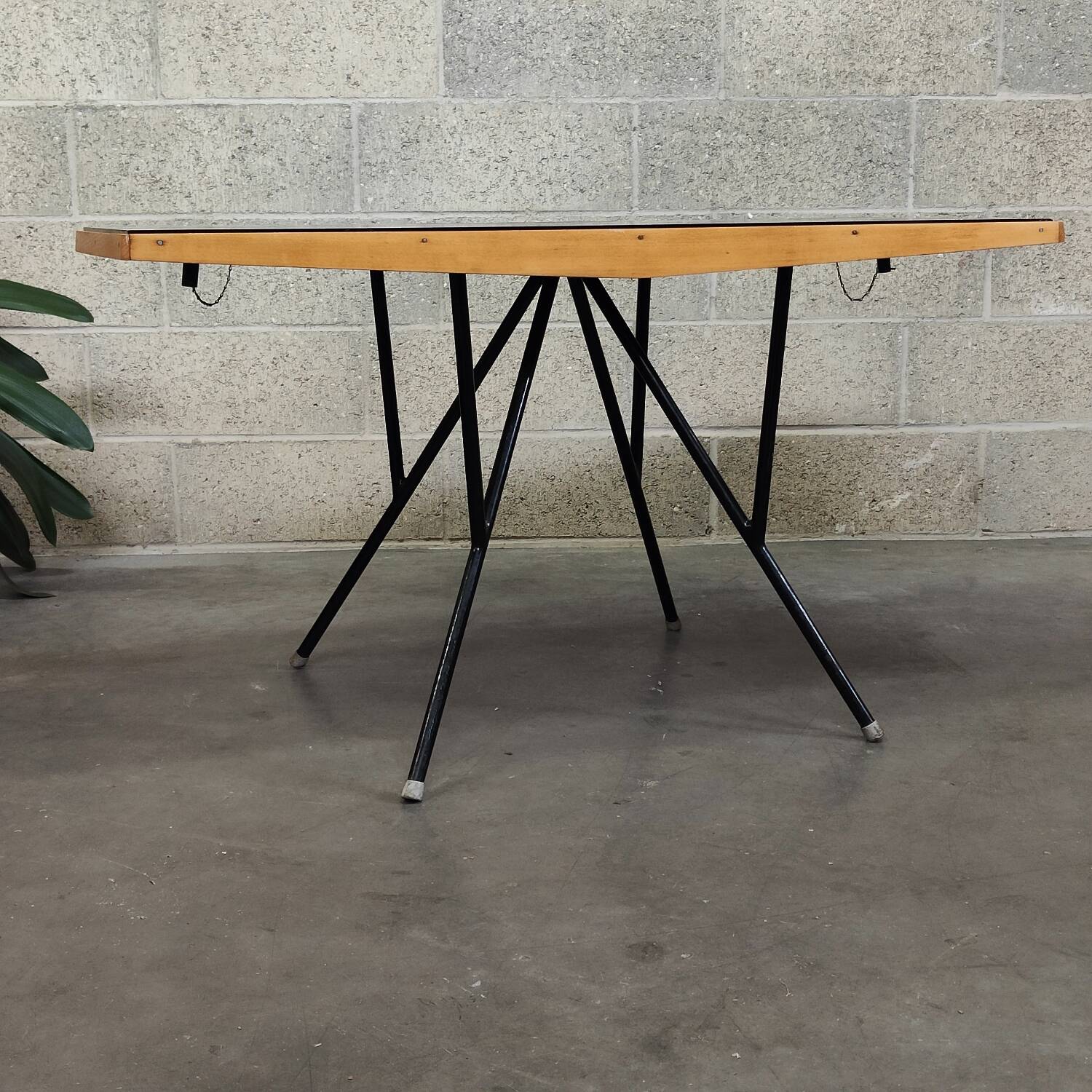 Metal and wood table, black Opaxit top, Czech Republic 1960
