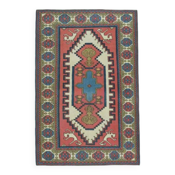 Tapis de zone vintage turc Oushak fait main en laine et coton rose 151x225 des années 1970