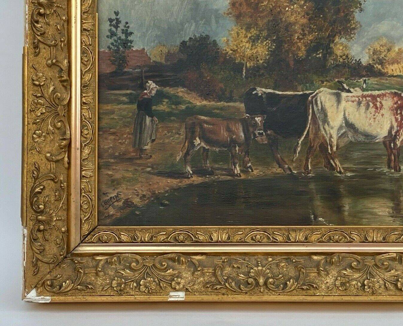 Oil by Lhopin or Hopin signature to identify woman cows Barbizon late 19th century