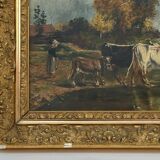 Oil by Lhopin or Hopin signature to identify woman cows Barbizon late 19th century